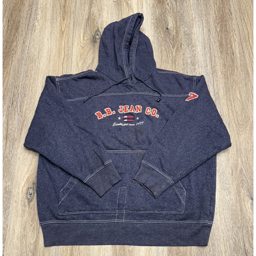 Vintage Bugle Boy B.B. Jean Co 77 Hooded L Sweatshirt Hoodie Blue Denim Spellout